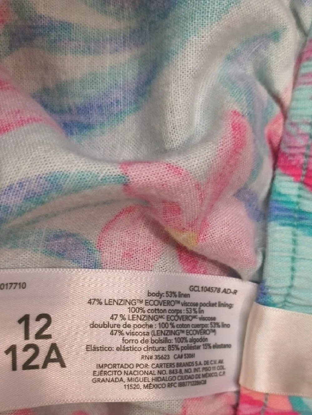 OshKosh B'gosh Aqua & Pink Floral Drawstring Linen Blend Shorts Size 12 GU